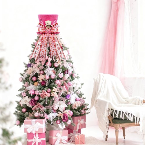 ARTSEMI Valentine Tree Topper Hat, Pink Valentines Day Decorations Tree Topper with Plush Bear and Heart Bows, Valentines Ornaments Party Decor