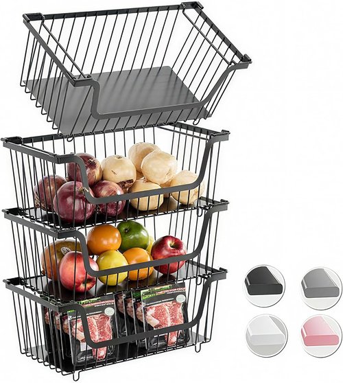 GAOKASE Stackable Wire Baskets - Kitchen Pantry Organizers for Fruits & Vegetables | Black, 4 Pcs