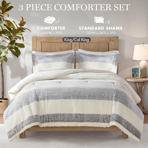 Madison Park King Comforter Set Sherpa Farmhouse Stripes, Faux Mink Reverse, Soft & Fluffy, Medium Weight Winter Comforter King Warm Bedding Set, 2 Shams, Hollis, King/Cal King Gray/Ivory 3 Piece