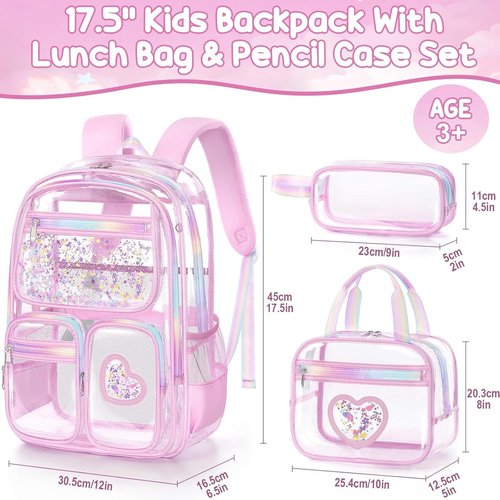 Fimibuke Clear Backpack - Heavy Duty PVC Transparent Bookbag Set for Girls | Includes Lunch Box & Pencil Case, Pink