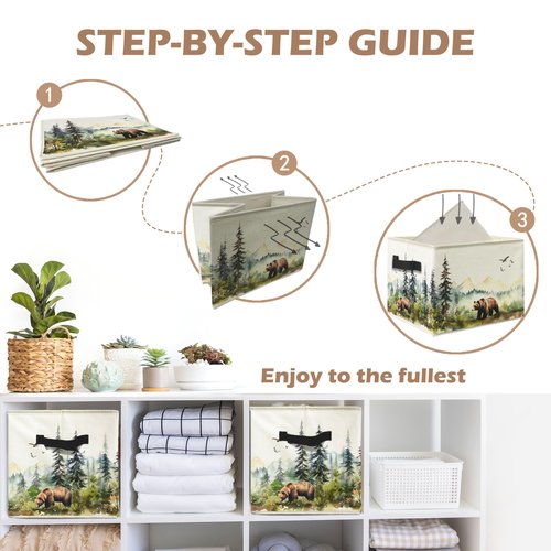 WARDOS Forest Brown Bear Nursery Storage Bin Box with Handles, Watercolor Wild Animal Bear Foldable Linen Fabric Laundry Basket for Kids Room Nursery Playroom Bathroom Clothes Toys Books