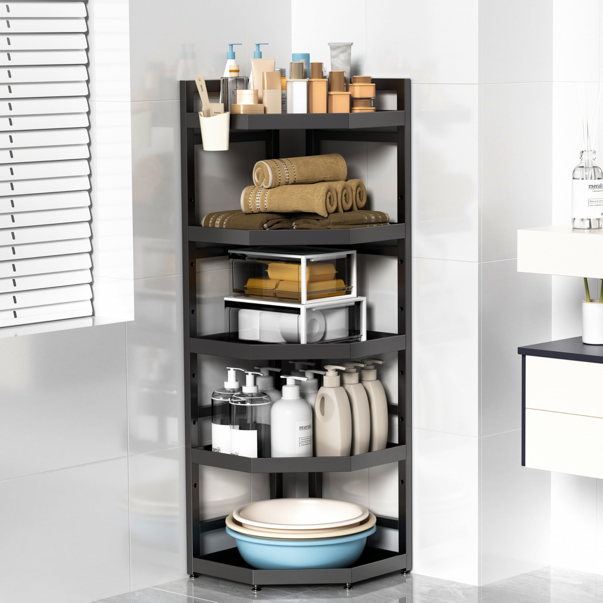 Serxis 5 Tier Standing Corner Shower Caddy,Waterproof and Rust Proof,Adjustable Height,Multi-functional Tiered Storage for Shower Gel,Shampoo,Cosmetics,Kitchen Supplies,Black
