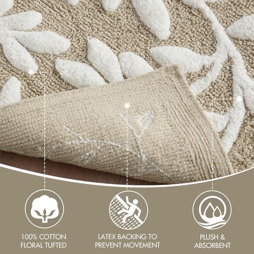 Madison Park Serene 100% Cotton Tufted Bathroom Rug - High & Low Tufting Floral Leaf Design, Quality Luxurious Plush Medium Pile Bath Mat Absorbent, Quick Dry, Shower Room Décor, 24x60 Taupe