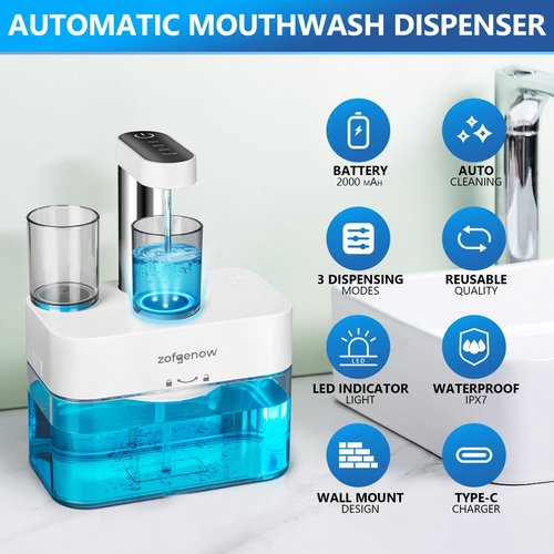 ZOFGENOW Upgraded Automatic Mouthwash Dispenser for Bathroom,Bathroom Accessories 17.6 FlOz Dispensers with Magnetic Cups,Adjustable Dispensing Levels, Suitable for All Age Groups,White