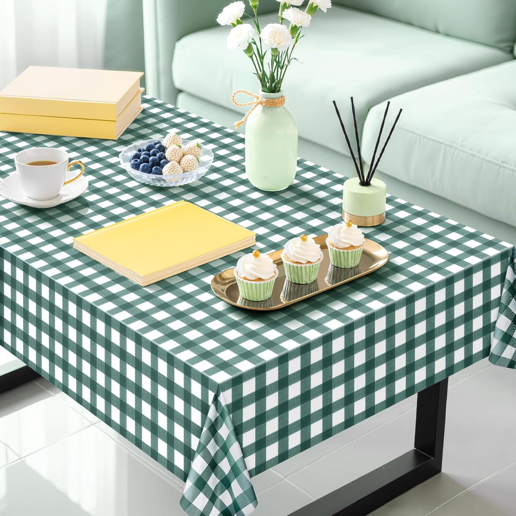 Skiennix Sage Green Striped Gingham Tablecloth - Waterproof Disposable Plastic, 54 x 108 Inch for Events