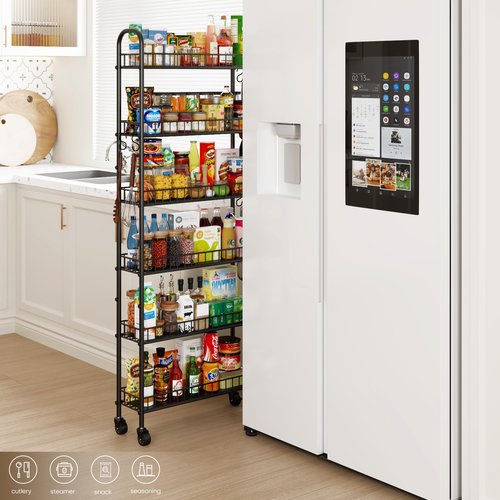 VKTO 6-Tier Slim Storage Cart, Rolling Kitchen Cart with Wheels, Narrow Metal Shelf Organizer with Hooks for Kitchen, Bathroom, Living Room, Laundry, Small Spaces (Black, 6 in)
