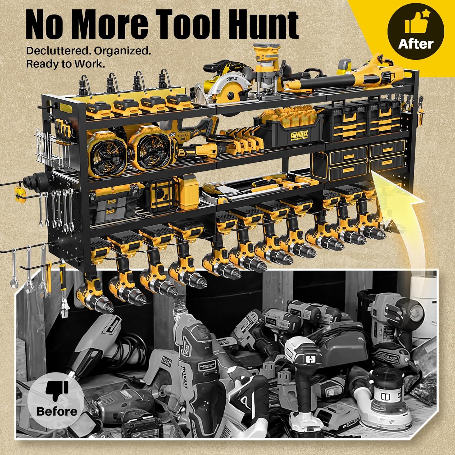 Power Tool Organizer - Wall Mount 8-Outlet Charging Station | Heavy Duty Garage Storage Rack