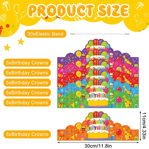 Maniaacer 30 Pcs Birthday Party Crowns for Kids Happy Birthday Hats Colorful Crown Set Paper School Classroom Hats with Elastic Band for Classroom School Kids Teacher Party Supplies
