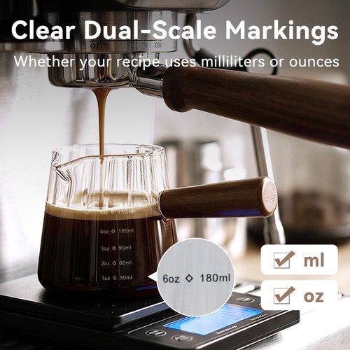 Glass Measuring Cup 6OZ, Espresso Accessories, Expresso Shots Cup, Espresso Shot Glass with V-Shaped Mouth, Ribbed Milk Frothing Pitcher, coffee Espresso Cup(Wooden Handle)
