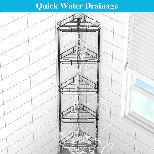 HuggieGems 5-Tier Corner Shower Caddy Organizer - Stylish Matt Black Bathroom Shelf with Hooks