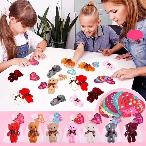 FunsLane 28PCS Valentines Day Gift Cards for Kids with Bear Plush Toys,Mini Stuffed Animal Plush Toys Keychains for Valentines Party Favor Supplies,Classroom Exchange,Game Prizes,Gift for boys girls