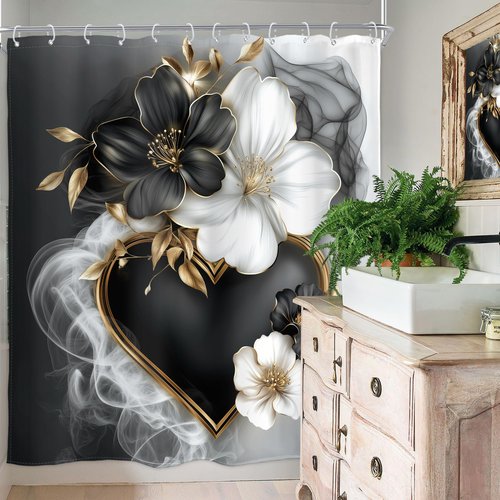 Homewelle Black White Gold Floral Shower Curtain Golden Flower Leaves Modern Luxury Contemporary 60Wx72H Inch Artistic Aesthetic for Women Girls Waterproof Polyester Fabric Bathroom Bathtub