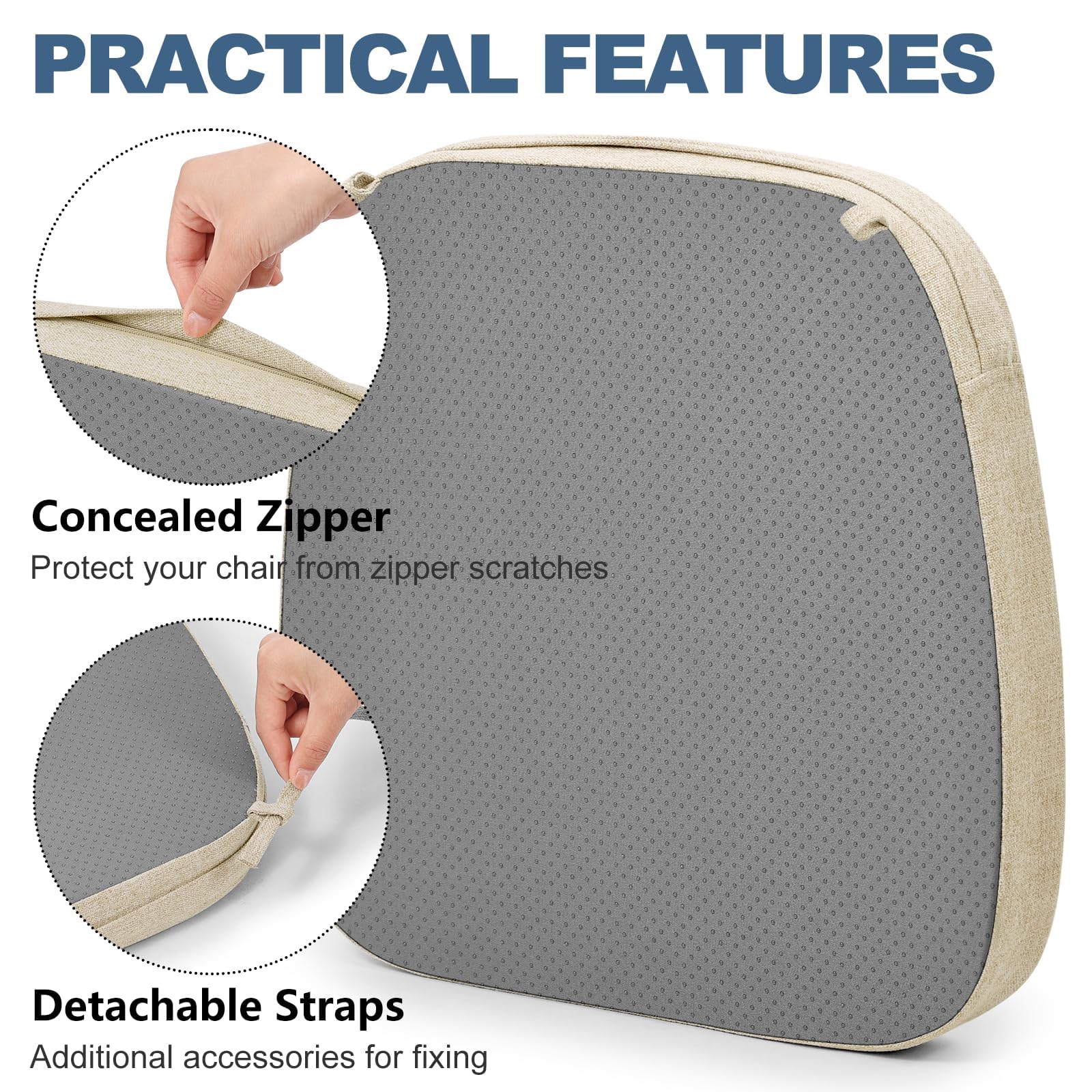Shinnwa Kitchen Chair Cushions Set of 6, Non-Slip Dining Chair Cushions with Detachable Straps and Machine Washable Cover, 6 Pack, 17x16x2in, Beige