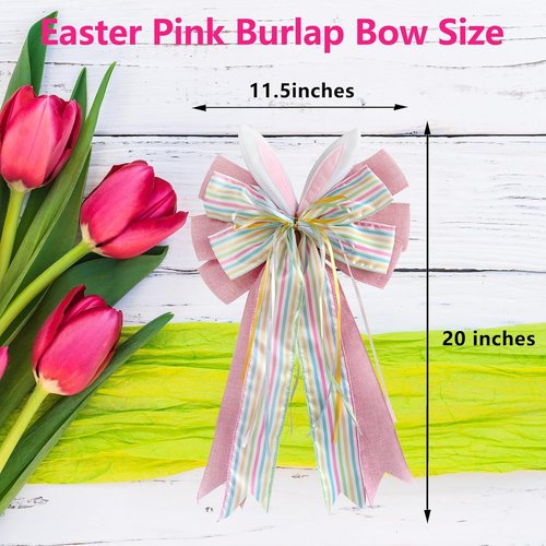 Large Easter Pink Burlap Bow - Bunny Ears Design | 11.5 x 20 Inches for Wreaths & Gift Baskets