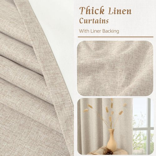 LAMIT 100% Blackout Oatmeal Linen Curtains, 63 Inches Linen Textured Thermal Bedroom Curtains Back Tab and Rod Pocket Neutral Panels with White Liner for Farmhouse, 2 Panels, 52 x 63 Inch