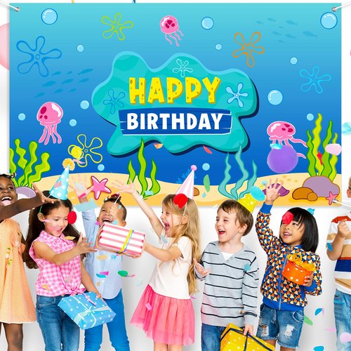 Under The Sea Happy Birthday Banner Backdrop Decoration, Ocean Photo Banner Background Ocean Jellyfish Seaweed Wall Décor for Birthday Baby Shower Party Photography Decorations, 73 x 43 Inch