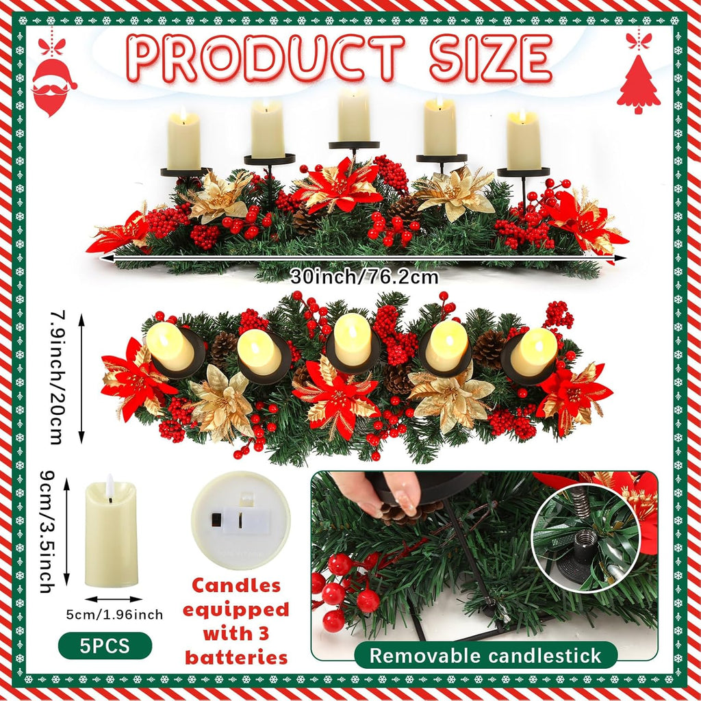 Sliner Christmas Tabletop Centerpiece - 30 Inch Poinsettia Candle Holder with 5 LED Flameless Candles & Pine Cones