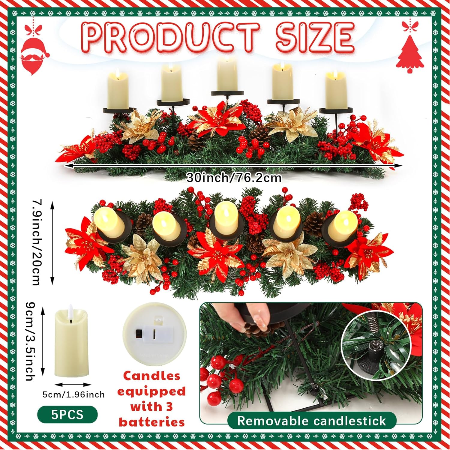 Sliner Christmas Tabletop Centerpiece - 30 Inch Poinsettia Candle Holder with 5 LED Flameless Candles & Pine Cones