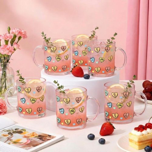 Maxcheck 6 Pack 12 oz Valentines Day Heart Glass Coffee Mugs with Handle Heart Glasses Cups Love Drinking Glasses for Valentine's Day Party Supplies Gifts