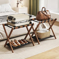 Fully Assembled Walnut Luggage Racks Set of 2, Bamboo 26.77" Luggage Rack Stand for Guest Room, 5 Nylon Straps, Foldable Suitcase Stand with Storage Shelf for Bedroom Hotel, Holds up to 165 Lbs