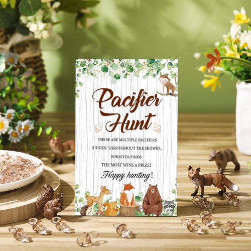 Thyle 51 Pcs Woodland Animals Pacifier Hunt Baby Shower Games Forest Animal Baby Shower Game Decoration Include Hunt Sign and Acrylic Pacifiers Woodland Themed Gift Sets for Gender Reveal Party Decor