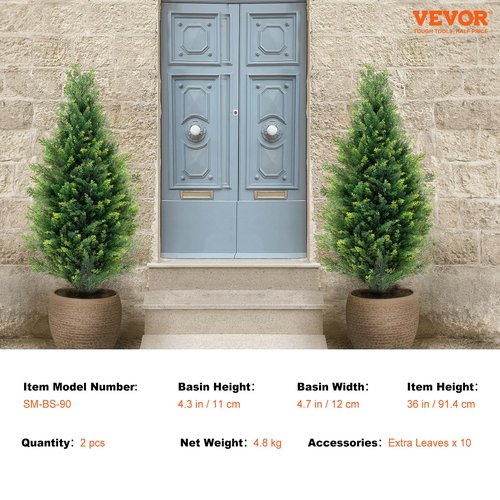 VEVOR Artificial Topiary Cedar Tree, 36 inch Tall (2 Pieces), with Extra Leaves & Pot Faux Evergreen Fake Pine Cypress Trees Plant, UV Rated Artificial Greenery Set for Home Decor Indoor/Outdoor