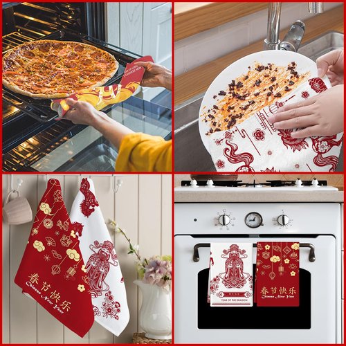 Chinese New Year Kitchen Towels Set of 4 16x24 Inch Lunar Chinese New Year Hand Towels Zodiac Horse Farmhouse Dish Cloths Red Flower Decoration for Holiday Cleaning Spring Festival Housewarming Gifts