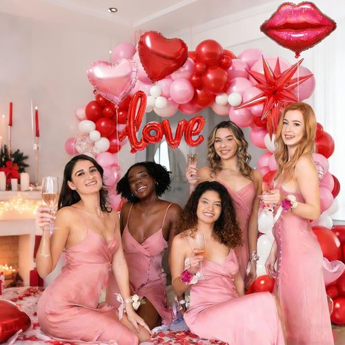 Pink Balloons Garland Kit, Red Pink White Balloons Arch Kit with Red Heart Love Lips Foil Balloons Explosion Star Balloons for Anniversary Galentines Wedding Romantic Decorations