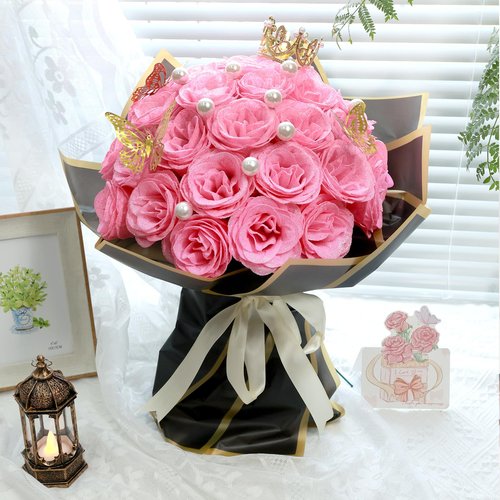 jabeick Glitter Roses Bouquet, Shiny Artificial Roses Flowers with Stems DIY Fake Glitter Flowers Bouquet for Valentines Mothers Day Graduation Birthday Anniversary, 24 Roses (Pink)