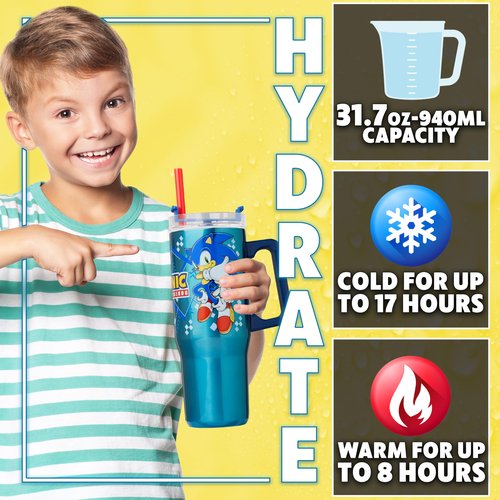 Get Trend Sonic the Hedgehog Insulated Tumbler with Straw for Kids, 32 oz Reusable Stainless Steel Cup for Hot Cold Drinks, Travel Mug, Gifts for Kids (Blue Sonic/Shadaw)