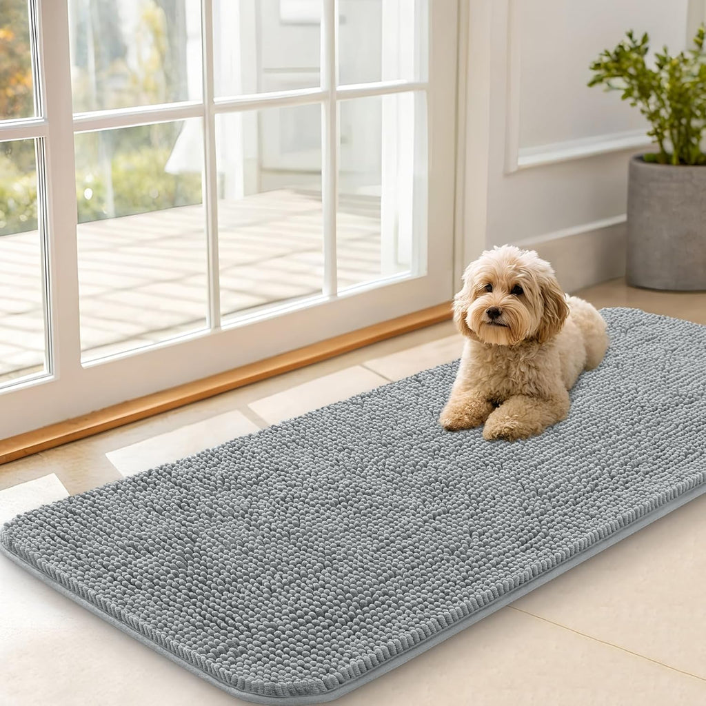 OLANLY Dog Door Mat - Absorbent Non-Slip Washable Chenille Mat for Muddy Paws | 47x20 Grey