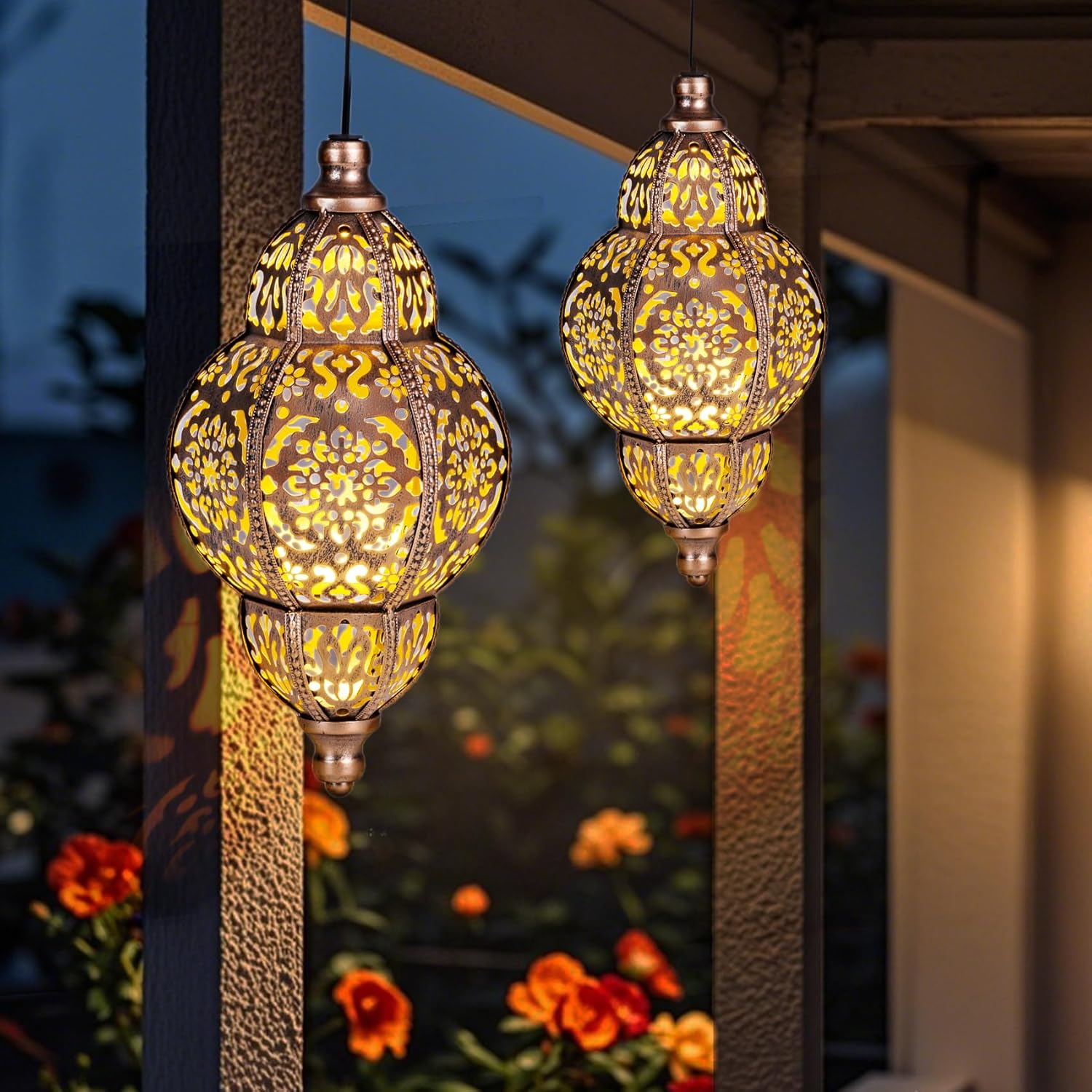 Skiennix Solar Lanterns - Outdoor Garden Decor | Metal Moroccan Chandelier for Patios & Yards