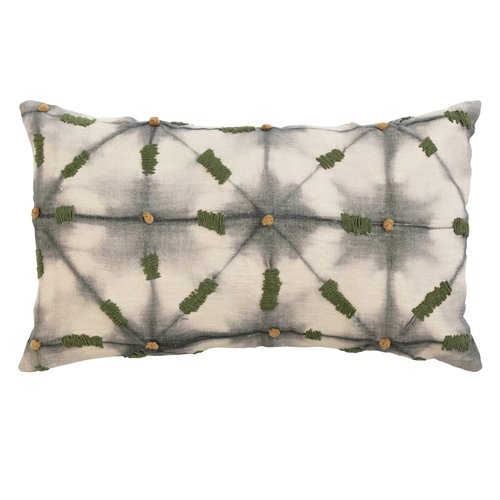 Creative Co-Op Linen Printed Lumbar Pillow with Hand-Embroidery and Chambray Back, Multicolor