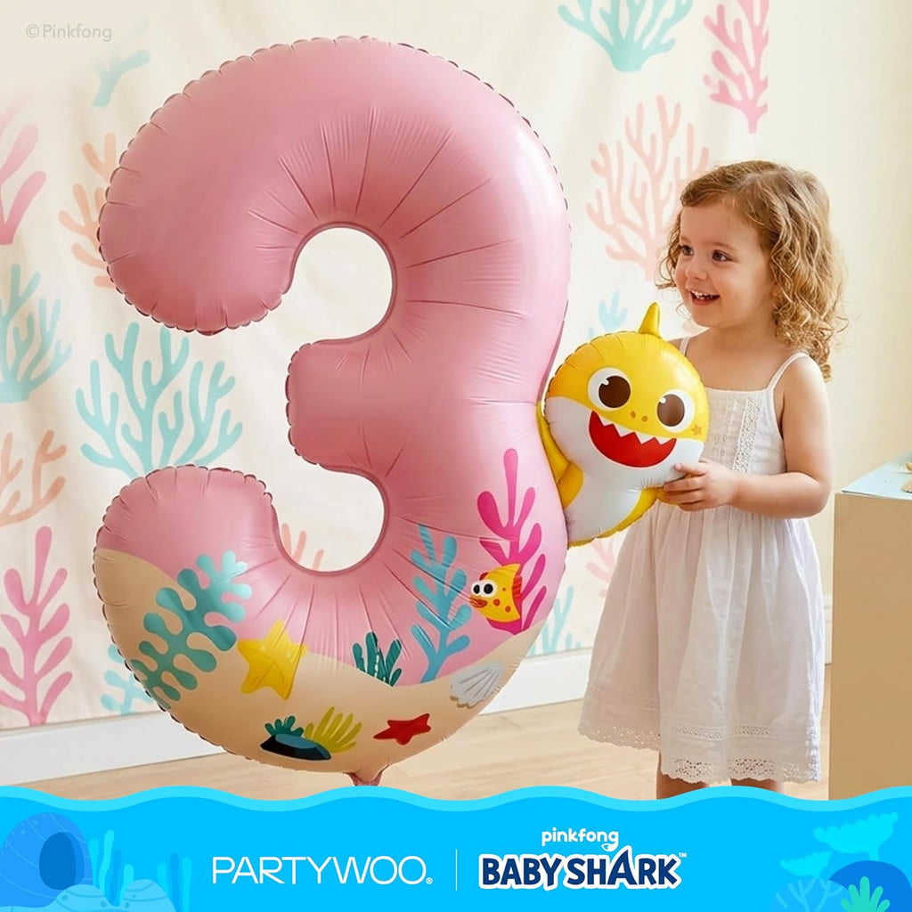 PartyWoo Baby Shark Pink Foil Number 3 Balloon - 40 Inch Mylar Helium Birthday Decoration for Kids