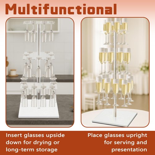 VERSSURE Champagne Tower with Marble Base, 26 Slots Champagne Display Rack for Serving and Drying, 3-Tier Cocktail Tree Stand for Drinks, Square Champagne Stand Holder for Wedding and Party (White)