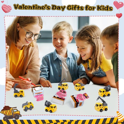 Valentines Day Gifts for Kids Classroom, 24 Pack Valentines Gfit Cards with Construction Vehicles Toys for Kids Ages 3-12 School, Funny Valentine Exchange Gift for Boys Girls Toddler Party Favors