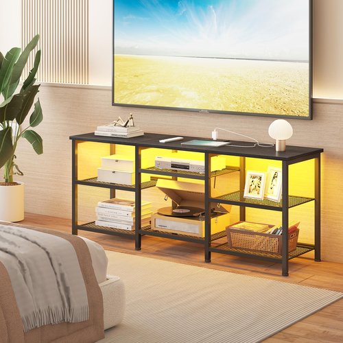 YGEOMER TV Stand for TVs Up to 55 Inches, Entertainment Center with Power Outlet and LED Lights Open Storage Shelves, TV Media Console Table for Living Room and Bedroom, Black