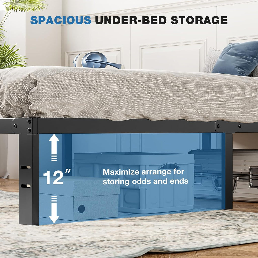 OLIXIS Metal Twin Bed Frame - 14-Inch High with Storage Space & Sturdy Steel Slat Support | 800LBS Capacity, Black