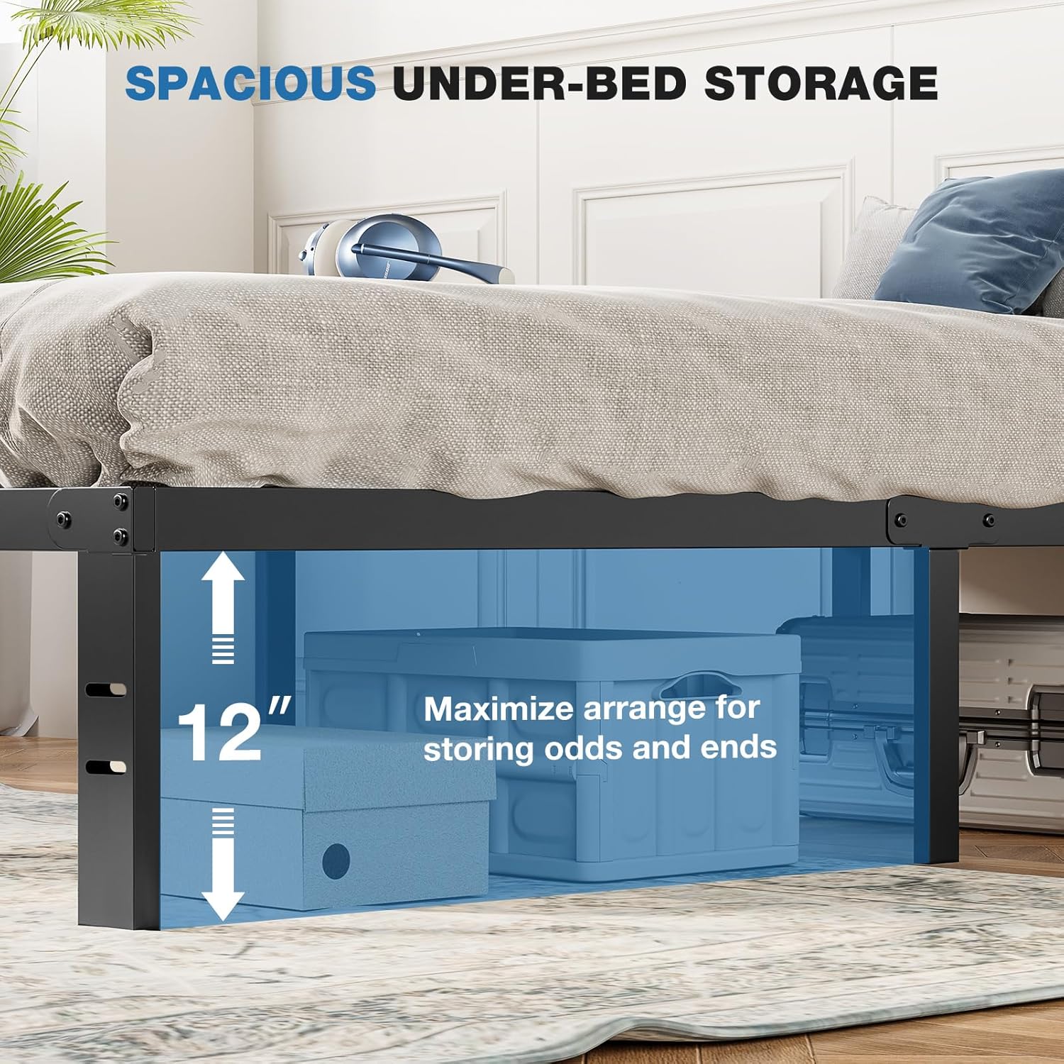 OLIXIS Metal Twin Bed Frame - 14-Inch High with Storage Space & Sturdy Steel Slat Support | 800LBS Capacity, Black
