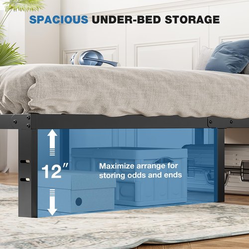 OLIXIS Metal Twin Bed Frame - 14in High with Storage Space, No Box Spring Needed with Sturdy Steel Slat Support, 800LBS Heavy Duty for Easy Assembly, Black for Bedroom