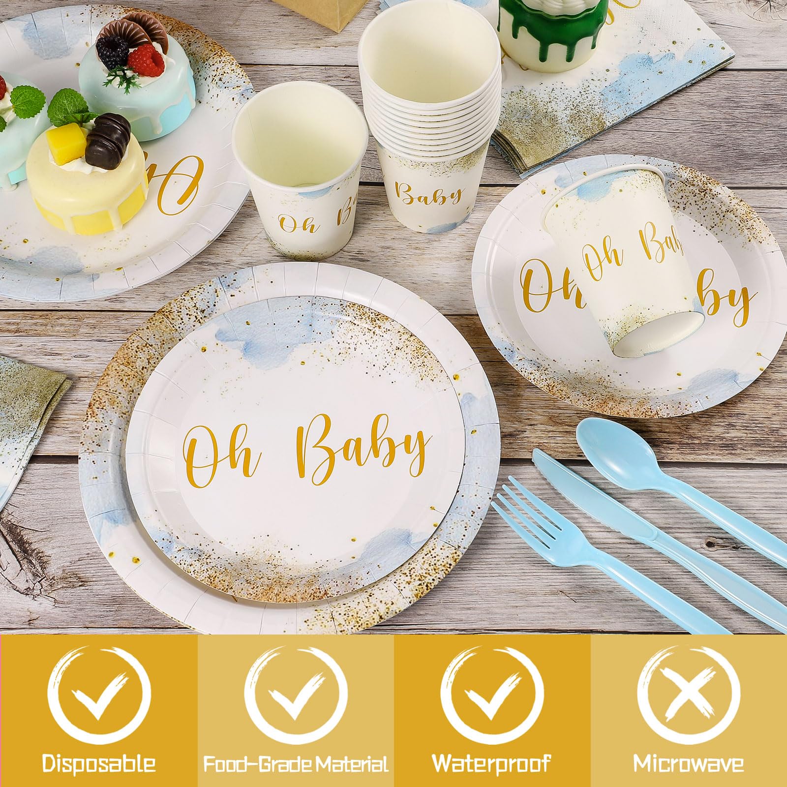 Xiangqu 175 Pcs Baby Boy Shower Plates and Napkins, Dusty Blue Baby Shower Decorations Includes Plates Napkins Cups Plastic Utensils for Boy Birthday, Serve 25 Guest