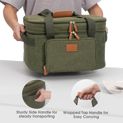 FUN ELEMENTS Double Layer Slow Cooker Carrying Bag for 6-8 Quart Oval CrockPot, Insulated Travel Carrier with Support Pad and Adjustable Straps, Top Zip Compartment and Front Pocket for Utensils,Green