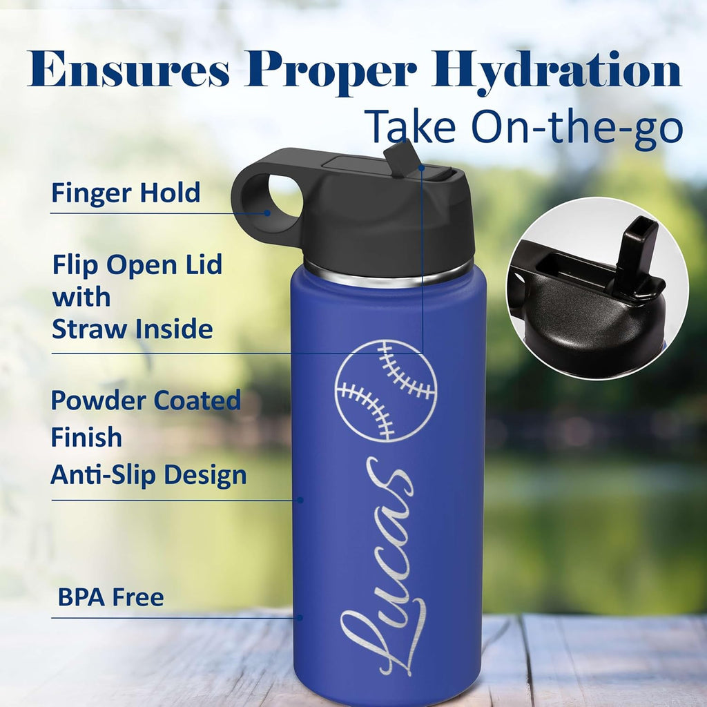 Skiennix Personalized Boys Water Bottle - Insulated Stainless Steel with Flip Top Lid & Straw - 18 oz.