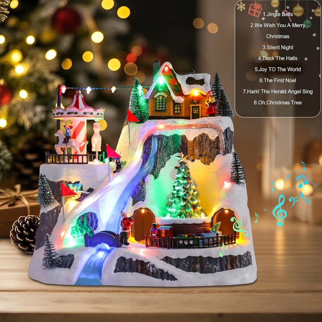 Wonder Garden Christmas Village Houses - Lighted Musical Ski Resort with Moving Train & Carousel | Holiday Decor