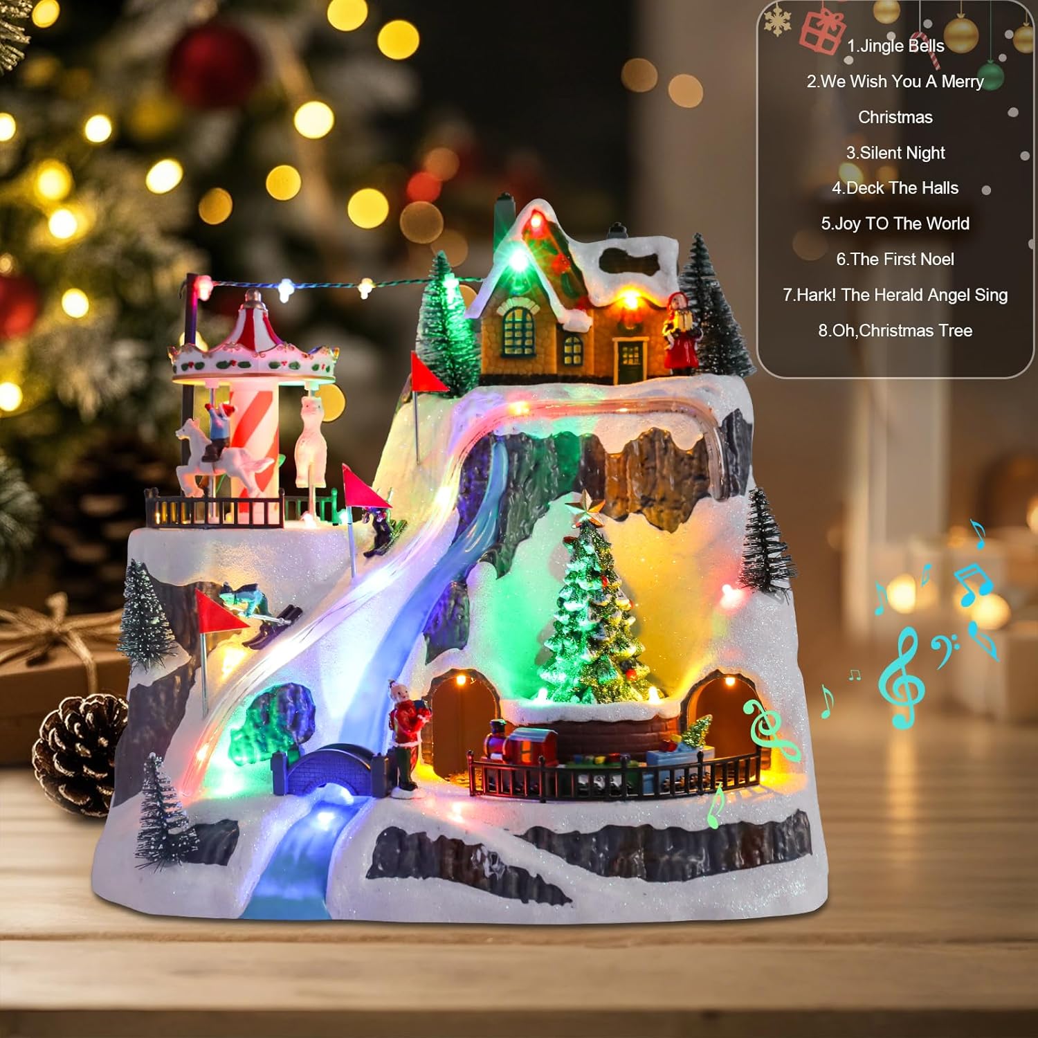 Wonder Garden Christmas Village Houses - Lighted Musical Ski Resort with Moving Train & Carousel | Holiday Decor