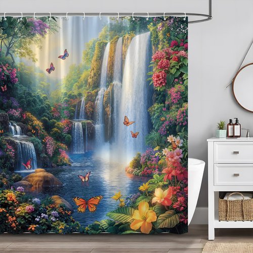 ZQANZQ Waterfall Shower Curtain Rustic Floral Butterfly Fantasy Forest Tropical Green Plant Lake Fairytale Spring Garden Nature Landscape Bathroom Decor Set with Hooks
