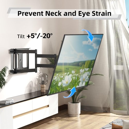 Long Arm TV Wall Mount with 180°Swivel and Tilt +5/-20° Level Adjustment, TV Bracket Screen with Rotates 90° for TVs 37-75 Inches，Fits 8"-16" Wood Studs，Hold up 132LBS,Max VESA 600x400mm
