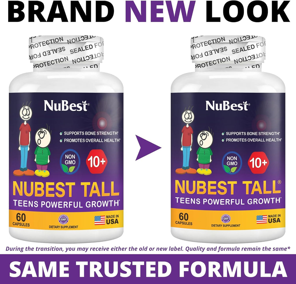 NuBest Tall 10+ Premium Bone Strength Formula, Enhanced Immunity and Overall Health for Age 10+ with Calcium, Vitamin D3, Vitamin K2, and Multivitamins | 60 Capsules | 1 Month Supply
