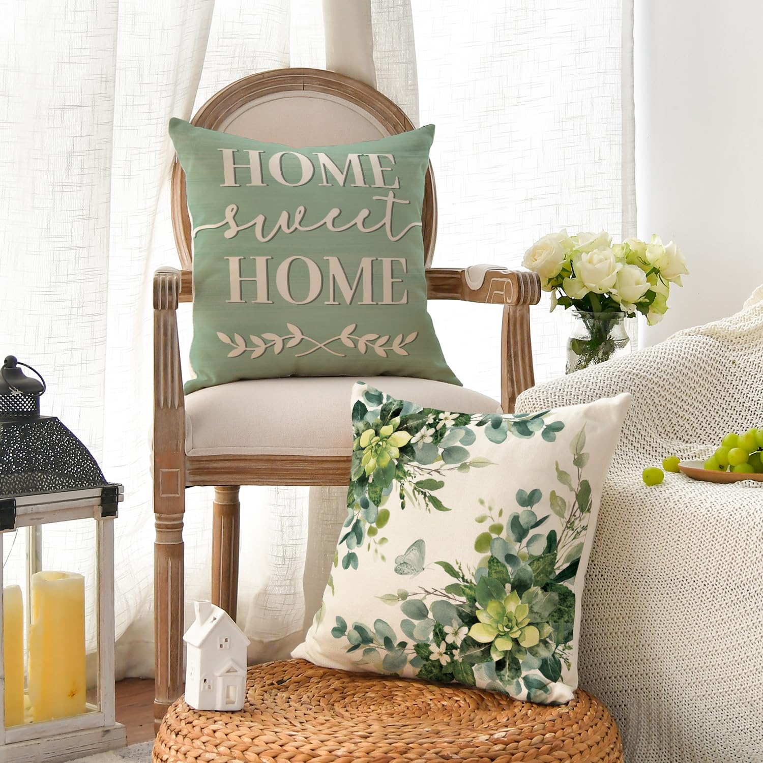 AVOIN colorlife Spring Home Sweet Home Eucalyptus Leaves Throw Pillow Covers, 18 x 18 Inch Seasonal Fall Motto Green Cushion Case for Sofa Couch Set of 4