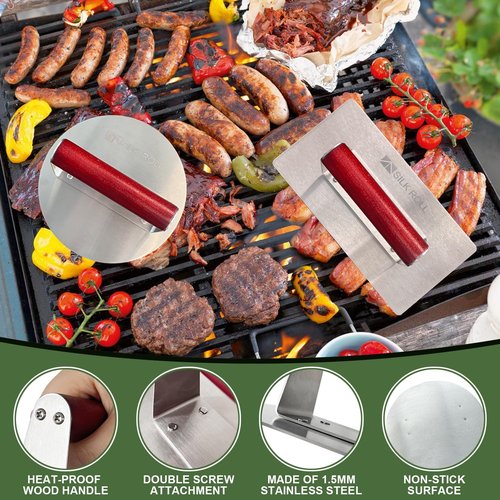 SILK ROLL Stainless Steel Burger Press, Hamburger Press, Heavy Duty Meat Press, 8 Inch Bacon Press & 6.3 Inch Round Burger Smasher with Wood Handle, Grill Press for Smashburger, BBQ Bacon Up, Beef